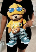 Casual Printed Cute Bear Pattern 2pcs Set For Women, Suitable For Summer Lady T Fashions
