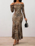 Ladies' Leopard Print One Neck Off Shoulder Slim Fit Bag With Wide Hips, Relaxed Flower Petal Skirt Hem, Date Party Party Dress Lady T Fashions