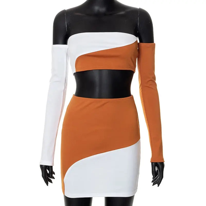 Contrast Chest Wrapped Long Sleeve Top Hip Wrap Skirt Lady T Fashions