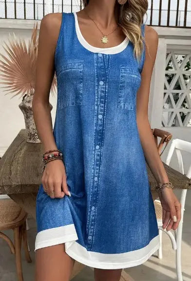 Women's Casual Sleeveless Beach Dress With Color Block Design, Round Neck, Faux Button Detail - Machine Washable Lady T Fashions