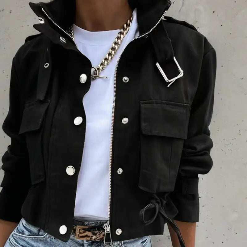 Women's Stand Collar Long Sleeve Jacket With Button & Zipper Closure - Two Large Pockets & Drawstring Hem Casual Short Jacket For Spring&Fall Lady T Fashions