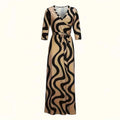 Women's Summer Geometric Print Maxi Dresses Casual 3 4 Sleeve V-Neck Tie Waist Long Dress Lady T Fashions