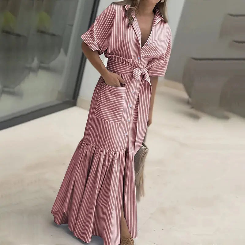 Women's Summer Casual Striped Button Down Maxi Dress Tie Waist Short Sleeve Shirt Dress With Pockets Lady T Fashions