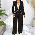 Women's Two-Piece V-Neck Long Sleeve Blouse With Contrast Trim & Straight Leg Wide Pants Set - Office Wear Suit For Spring&Fall Lady T Fashions