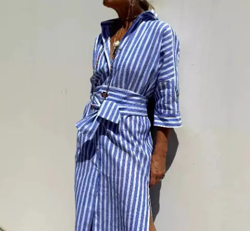 Striped Shirt Dress With Belt Fashion Half-sleeved Lapel Button Cardigan Dresses Women's Clothing Lady T Fashions