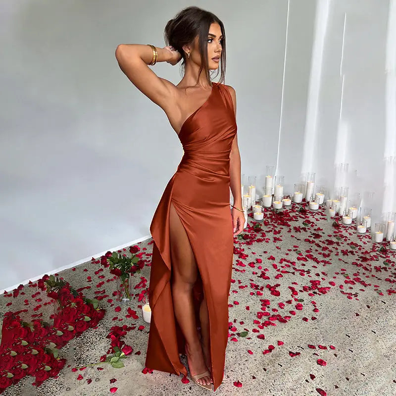 Sexy One-shoulder Backless Slit Dress Summer Elegant Slim-fit Solid Color Satin Dresses For Women Lady T Fashions
