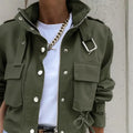 Women's Stand Collar Long Sleeve Jacket With Button & Zipper Closure - Two Large Pockets & Drawstring Hem Casual Short Jacket For Spring&Fall Lady T Fashions