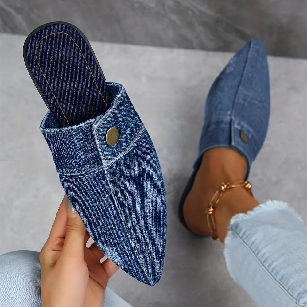 Women's Denim Flat Mules, Fashion Pointed Toe Slip On Non Slip Shoes, Casual Outdoor Slides Lady T Fashions