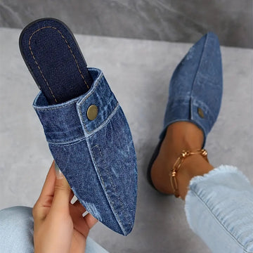 Women's Denim Flat Mules, Fashion Pointed Toe Slip On Non Slip Shoes, Casual Outdoor Slides Lady T Fashions