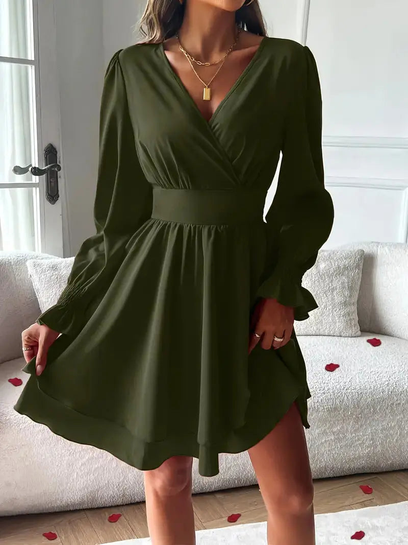 Women's Double-layer Skirt V-neck Tight Waist Dress Lady T Fashions