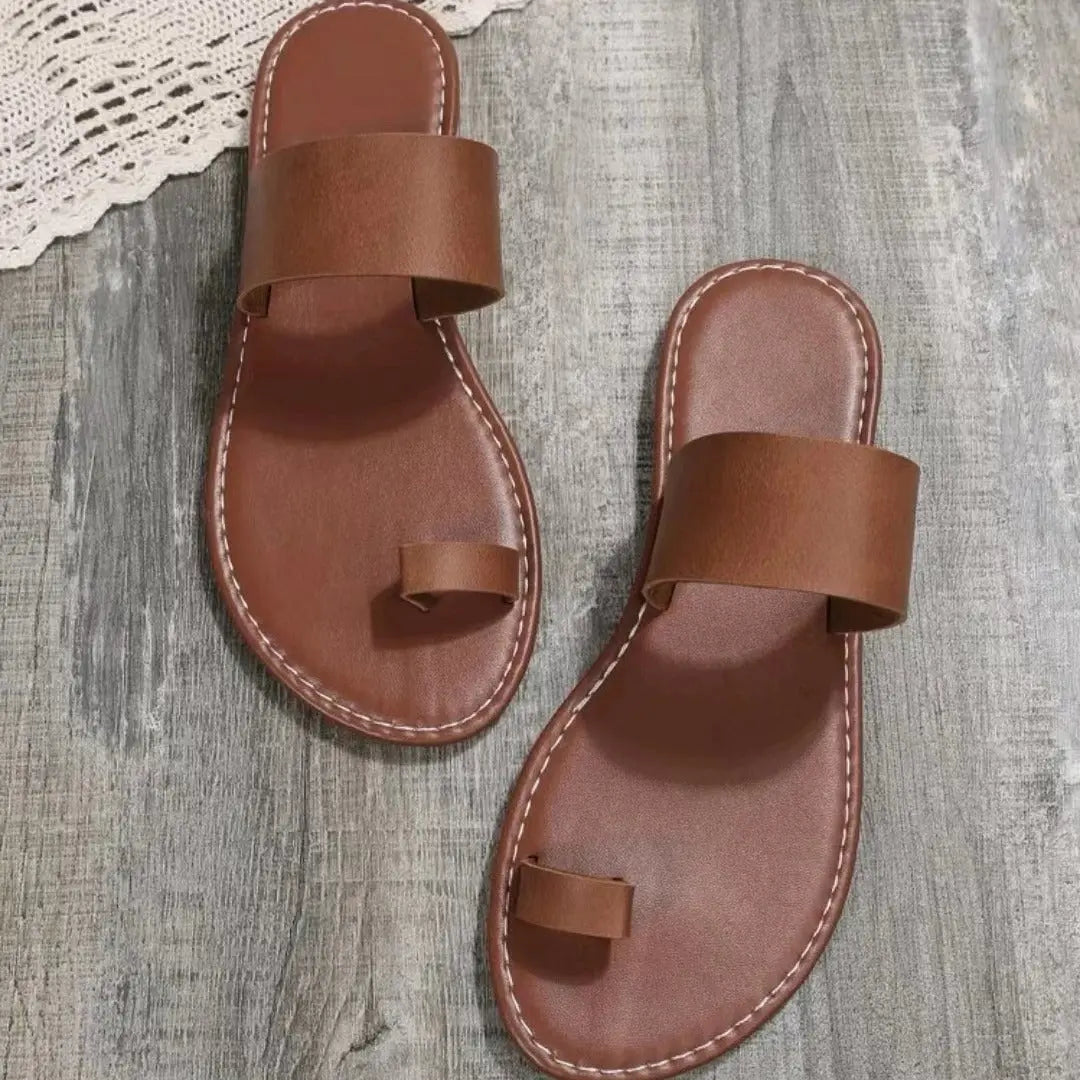 Women's Dark Brown Toe Loop Sandals, Open Round Toe Flat Comfy Fashion Slippers, Women's Indoor & Outdoor Slides Lady T Fashions