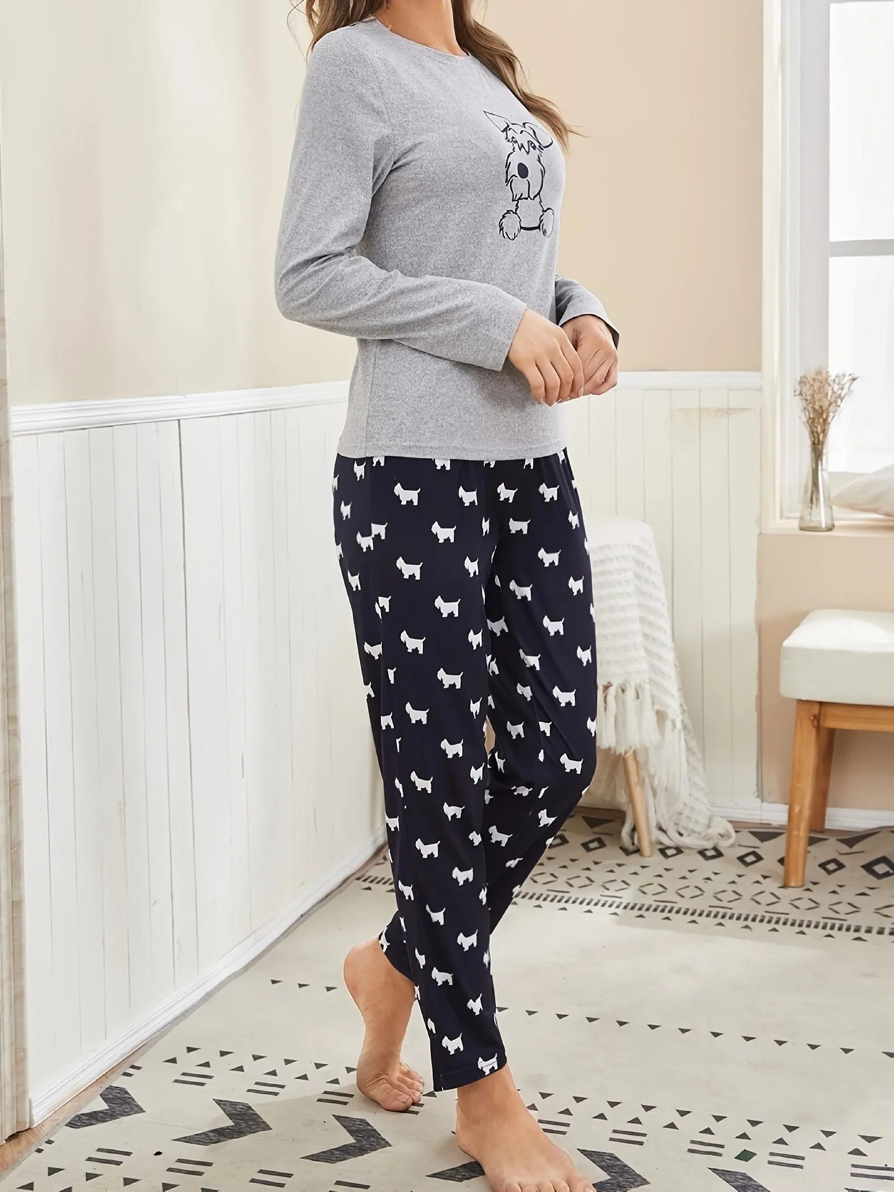 Cartoon Dog Print Pajama Set, Long Sleeve Crew Neck Top & Elastic Waistband Pants, Women's Sleepwear & Loungewear Lady T Fashions