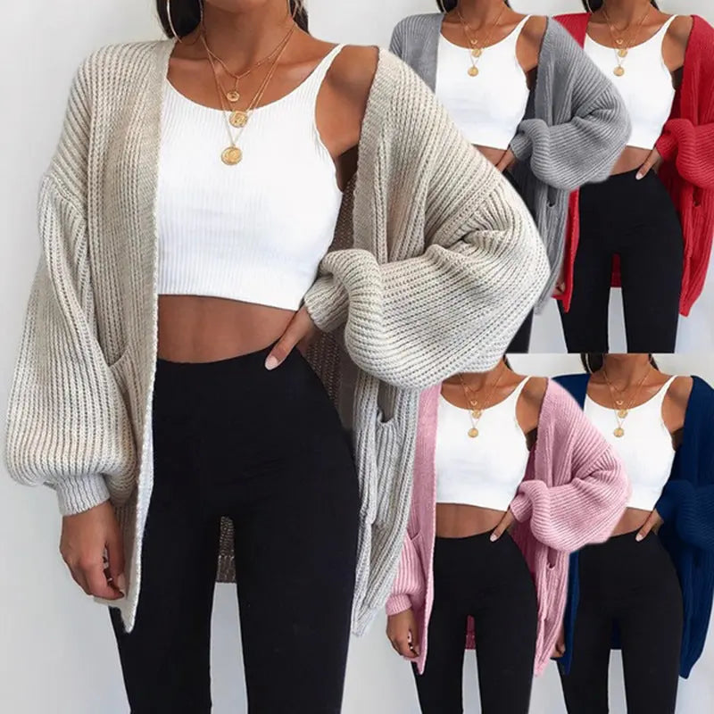 Solid color loose European and American sweater mid-length cardigan Lady T Fashions