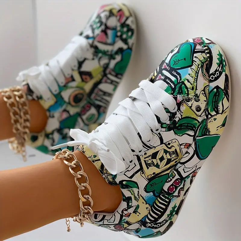 Womens Graffiti Art Sneakers - Stylish Lace-Up Platform Shoes with Comfortable Low Top Design - Perfect for Sports & Casual Wear - Fashionable Skate Style Lady T Fashions