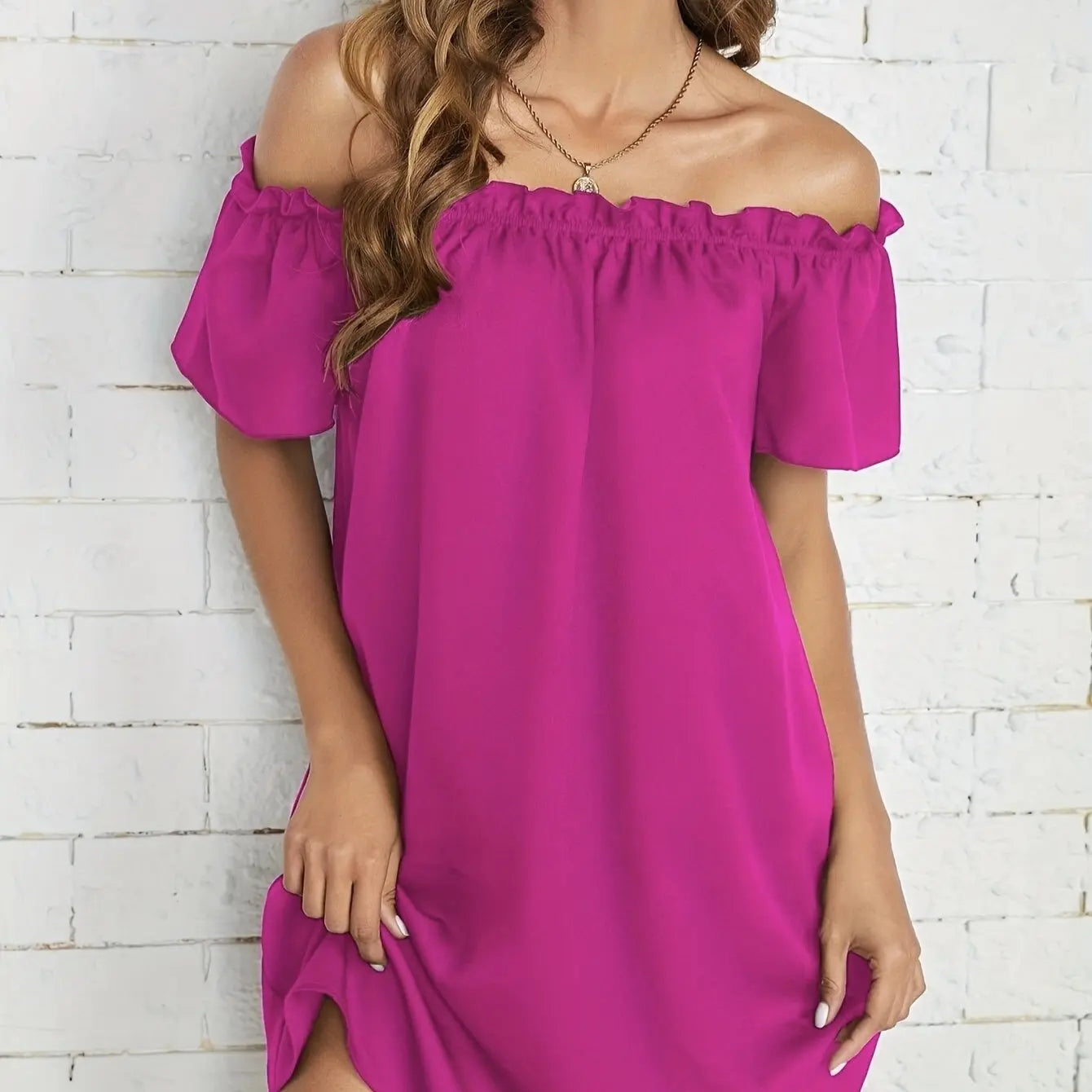 Ladies' Fashion Off Shoulder Ruffle Solid Color Decorative One Shoulder Casual Dress Lady T Fashions