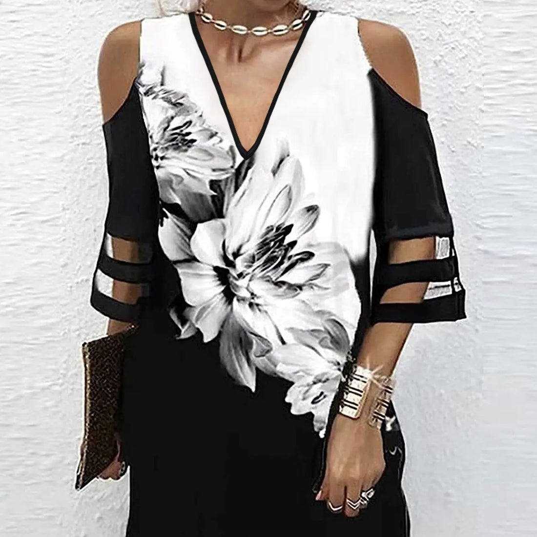 Ladies' Abstract Printed Color Blocked Off Shoulder Contrasting Mesh Casual Dress Lady T Fashions