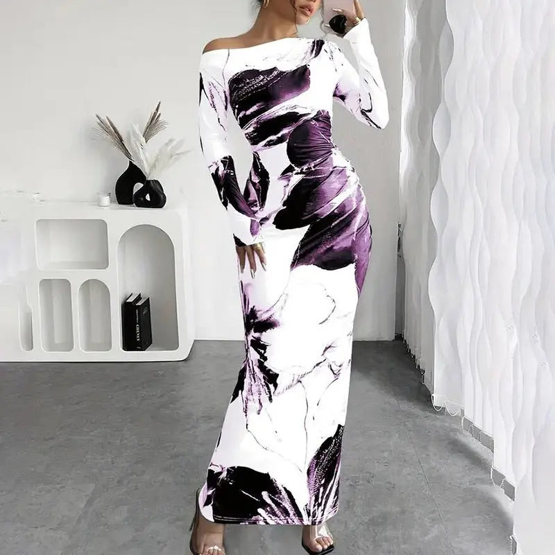 Women's Elegant Off-Shoulder Tie-Dye Floral Bodycon Dress Stretchy Season Party & Casual Dress Lady T Fashions