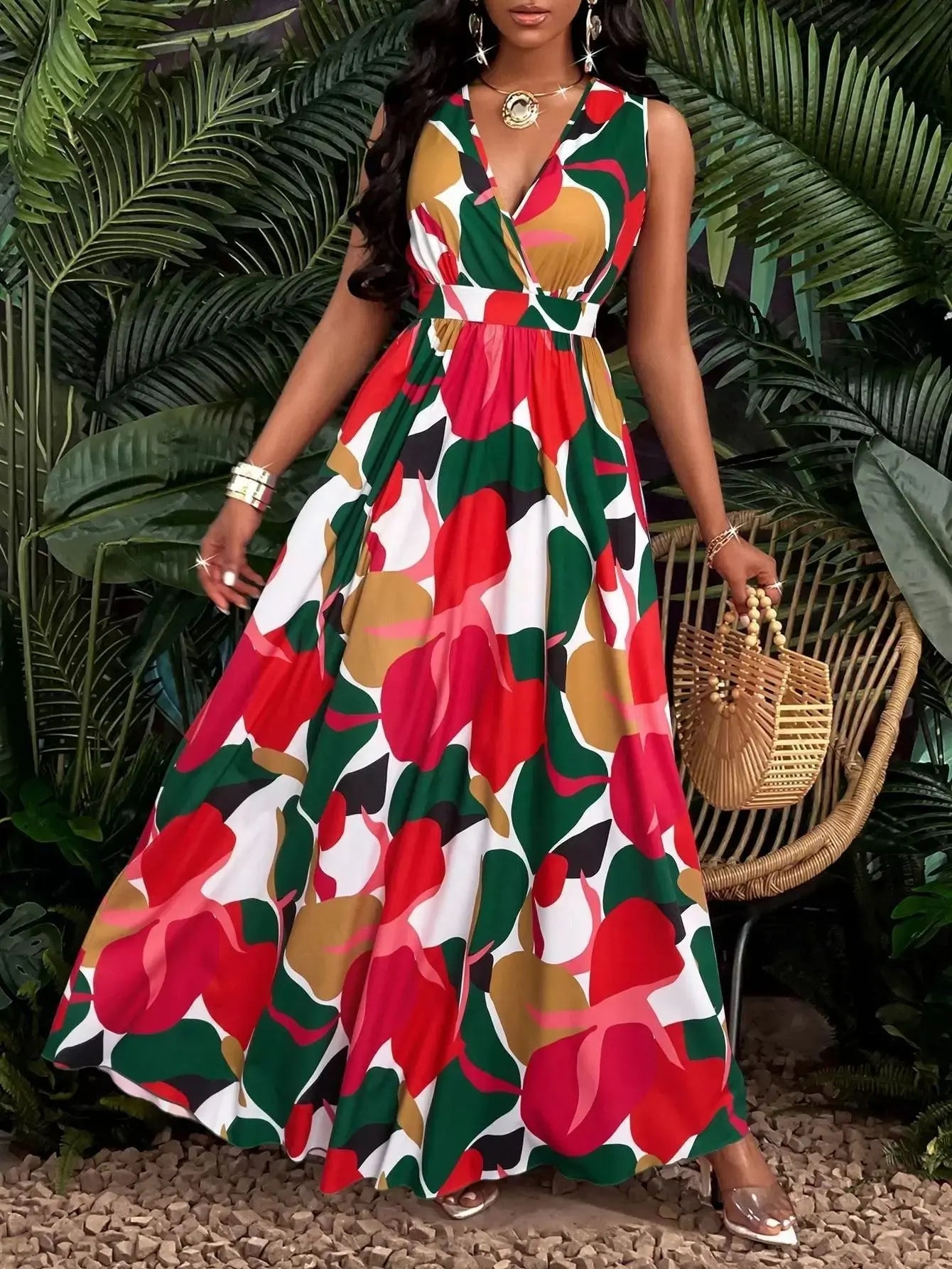 Tropical Printing V-neck Waist Twist Knitted Slim Fit Flare Skirt Lady T Fashions