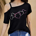 Ladies' Fashion Asymmetrical Neck Heart-shaped Printed Top Casual Pullover Slanted Shoulder Collar Shirt Lady T Fashions