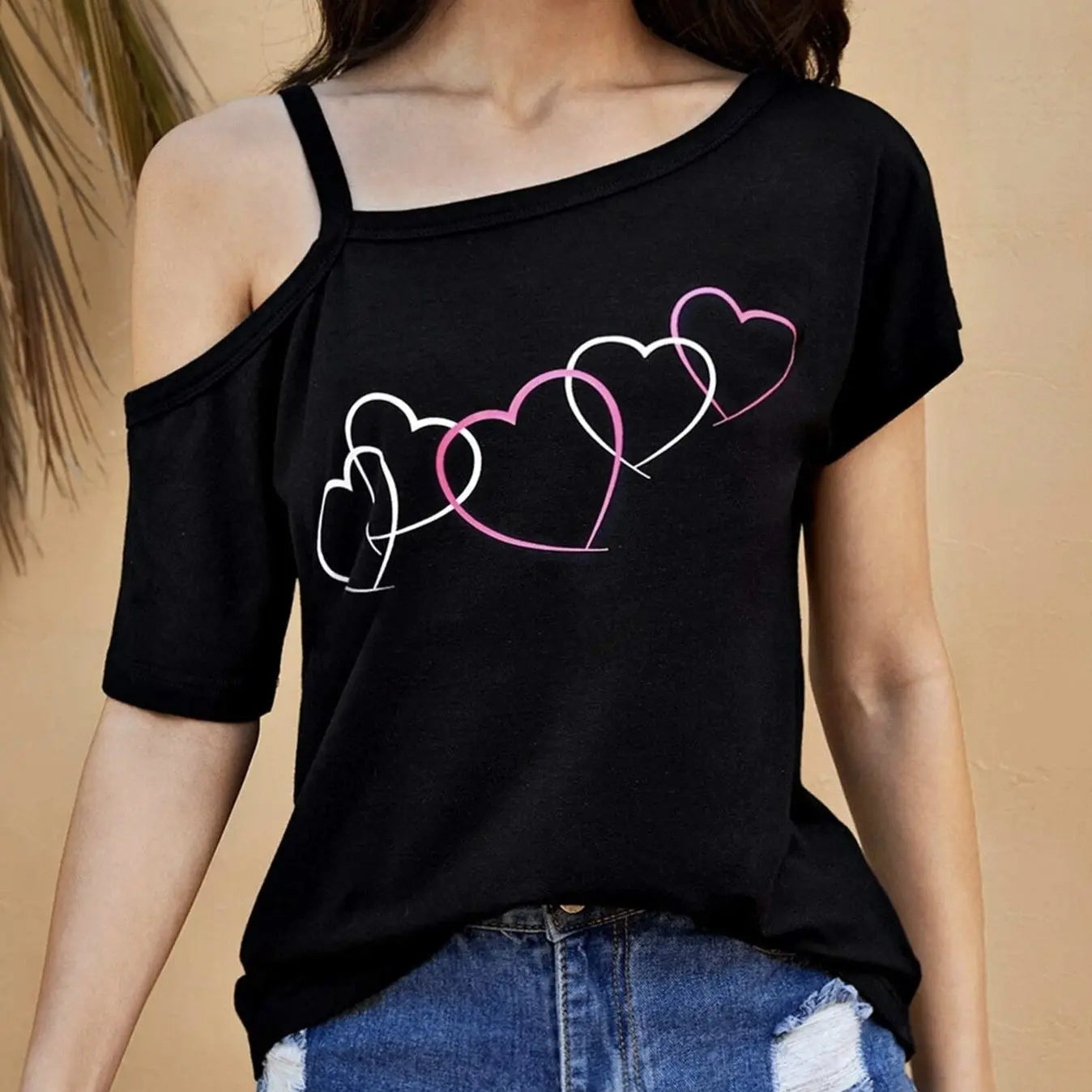 Ladies' Fashion Asymmetrical Neck Heart-shaped Printed Top Casual Pullover Slanted Shoulder Collar Shirt Lady T Fashions