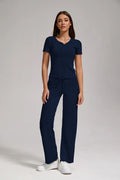 Women's Casual Sports Two-piece Set With V-neck Button, Short Sleeved, Low Waisted Flared Pants, Sportswear Lady T Fashions