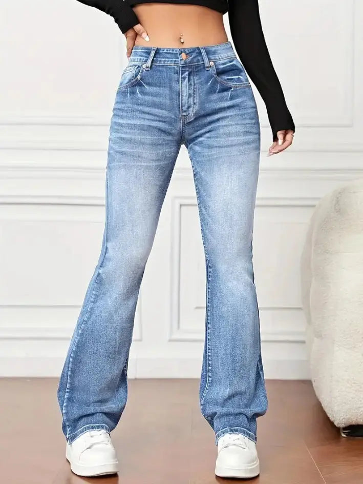 Denim High Waist Loose And Slimming Bootcut Trousers Lady T Fashions