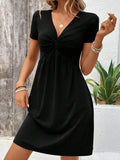Color Cotton Short Sleeve V-neck Design Chest Twist Waist Dress Lady T Fashions