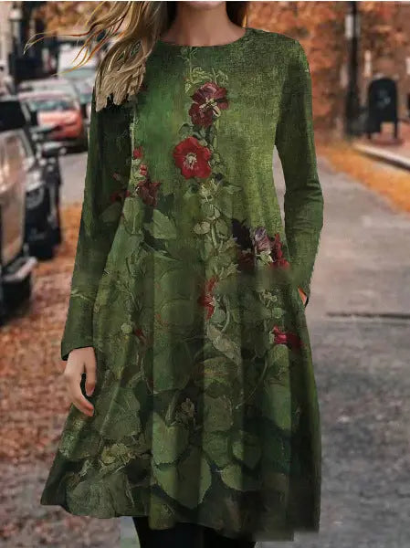 European And American Summer 3D Printing Dress Floral Round Neck Long Sleeve Lady T Fashions