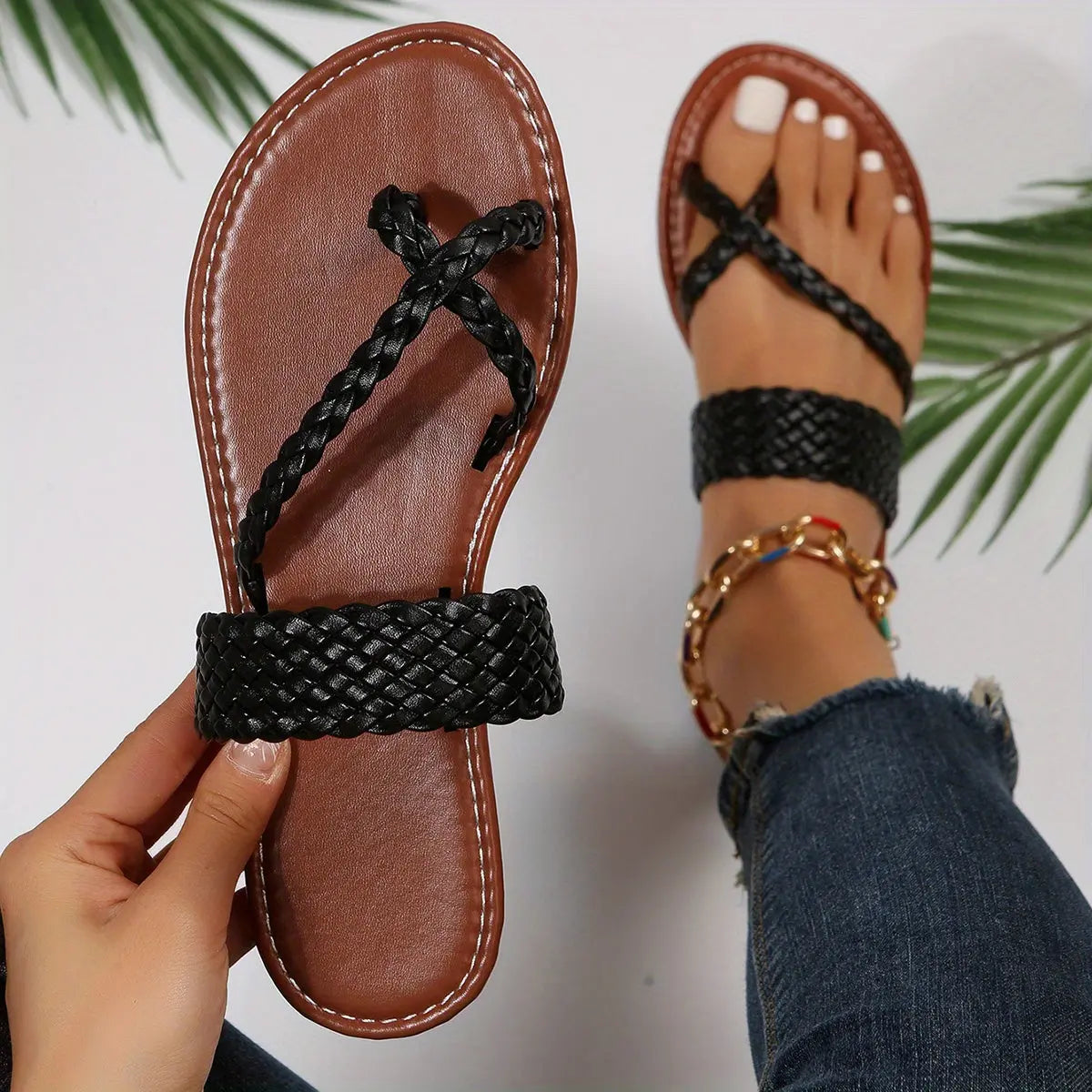 Women's Flat Slide Sandals, Toe Loop Braided Band Slip On Shoes, Casual Beach Slides Lady T Fashions