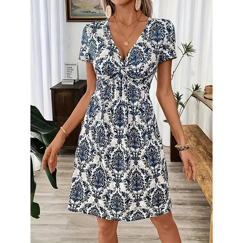 Women's Vibrant Leopard Print Twist Front V Neck Casual Summer Short Sleeve Bodycon Mini Dresses Lady T Fashions