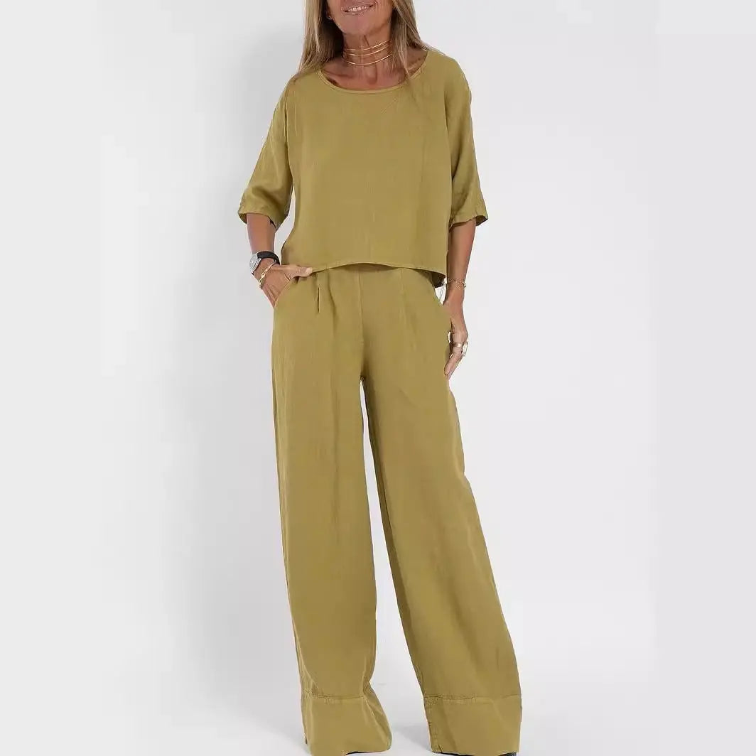 Women's Cotton And Linen Casual Cropped Sleeves Wide-leg Pants Suit Lady T Fashions