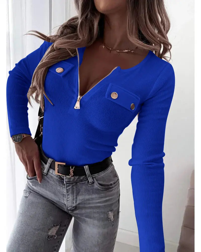 Knitted Slim-fit Long-sleeved Pullover Zipper Top Lady T Fashions