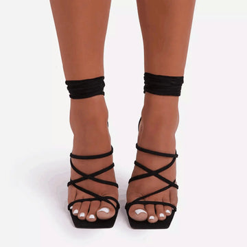 Black Lace-up Shoes Chunky High Heel Sandals Lady T Fashions