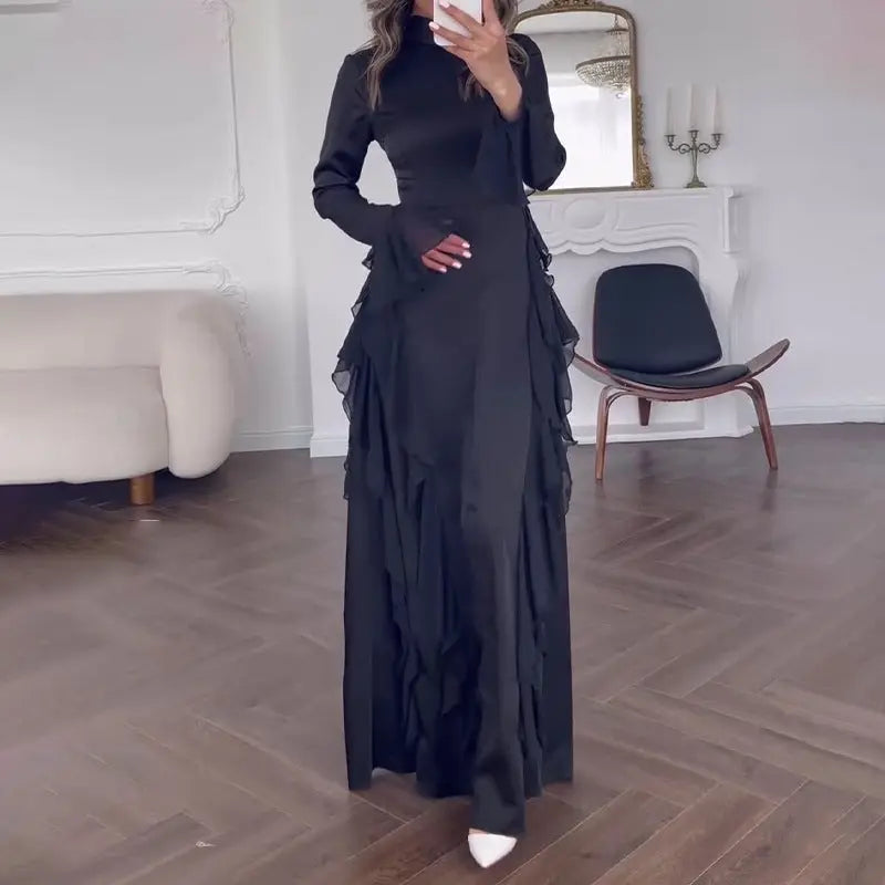 Women's Round-neck Flared Sleeves Temperament High Waist Slimming Patchwork Dress Lady T Fashions