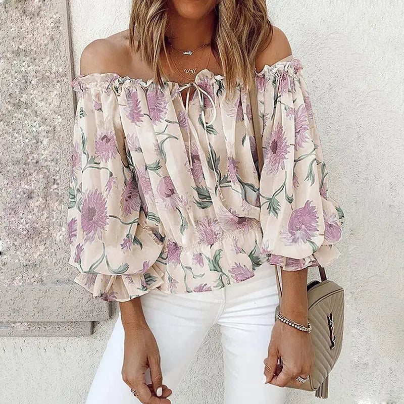 Womens Summer Off Shoulder Blouse Floral Print Ruffle Sleeve Casual Chiffon Tops Shirts Lady T Fashions