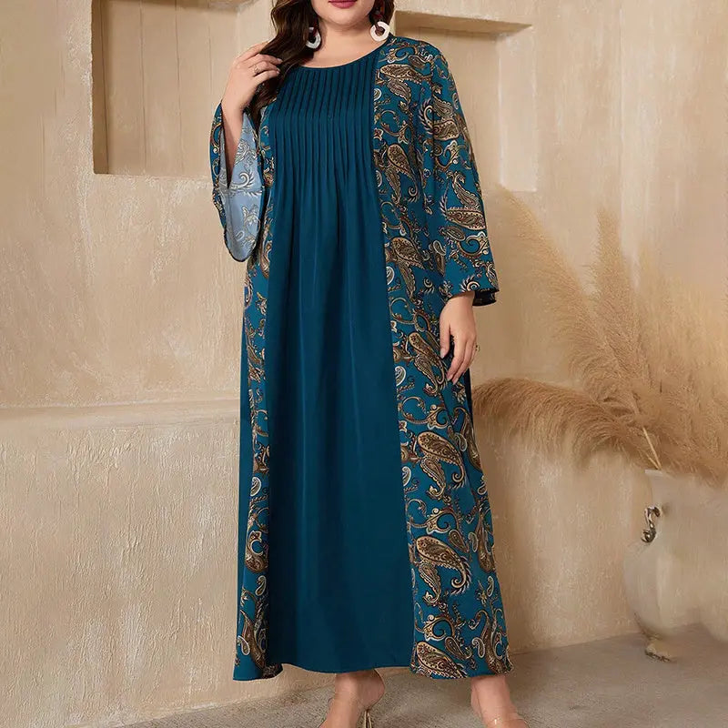 Women's Plus Size Bohemian Floral Printed Maxi Dress, Pleated Front Long Sleeve Crew Neck Loose Fit Lady T Fashions