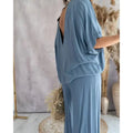 Women's 2 Piece Outfit, Casual Solid Color V-Neck Half Sleeve Top And Wide Leg Pants Lounge Set Lady T Fashions