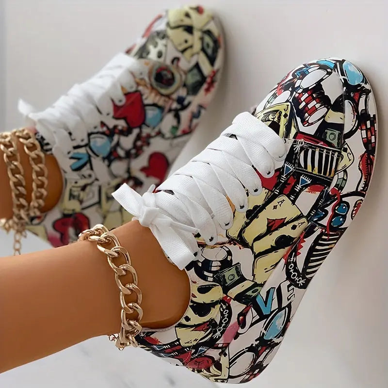 Womens Graffiti Art Sneakers - Stylish Lace-Up Platform Shoes with Comfortable Low Top Design - Perfect for Sports & Casual Wear - Fashionable Skate Style Lady T Fashions