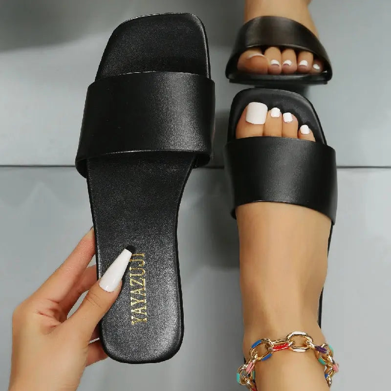 Women's Colorful Slide Sandals - Fashionable Open-Toe Flats with Ankle Strap, Faux Cover Upper & Rubber Sole, Casual Summer Shoes in Red, Green, Yellow, Blue, Brown, Black, White, Summer Footwear | Fashionable Flats | Durable Lady T Fashions