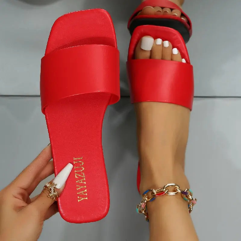 Women's Colorful Slide Sandals - Fashionable Open-Toe Flats with Ankle Strap, Faux Cover Upper & Rubber Sole, Casual Summer Shoes in Red, Green, Yellow, Blue, Brown, Black, White, Summer Footwear | Fashionable Flats | Durable Lady T Fashions