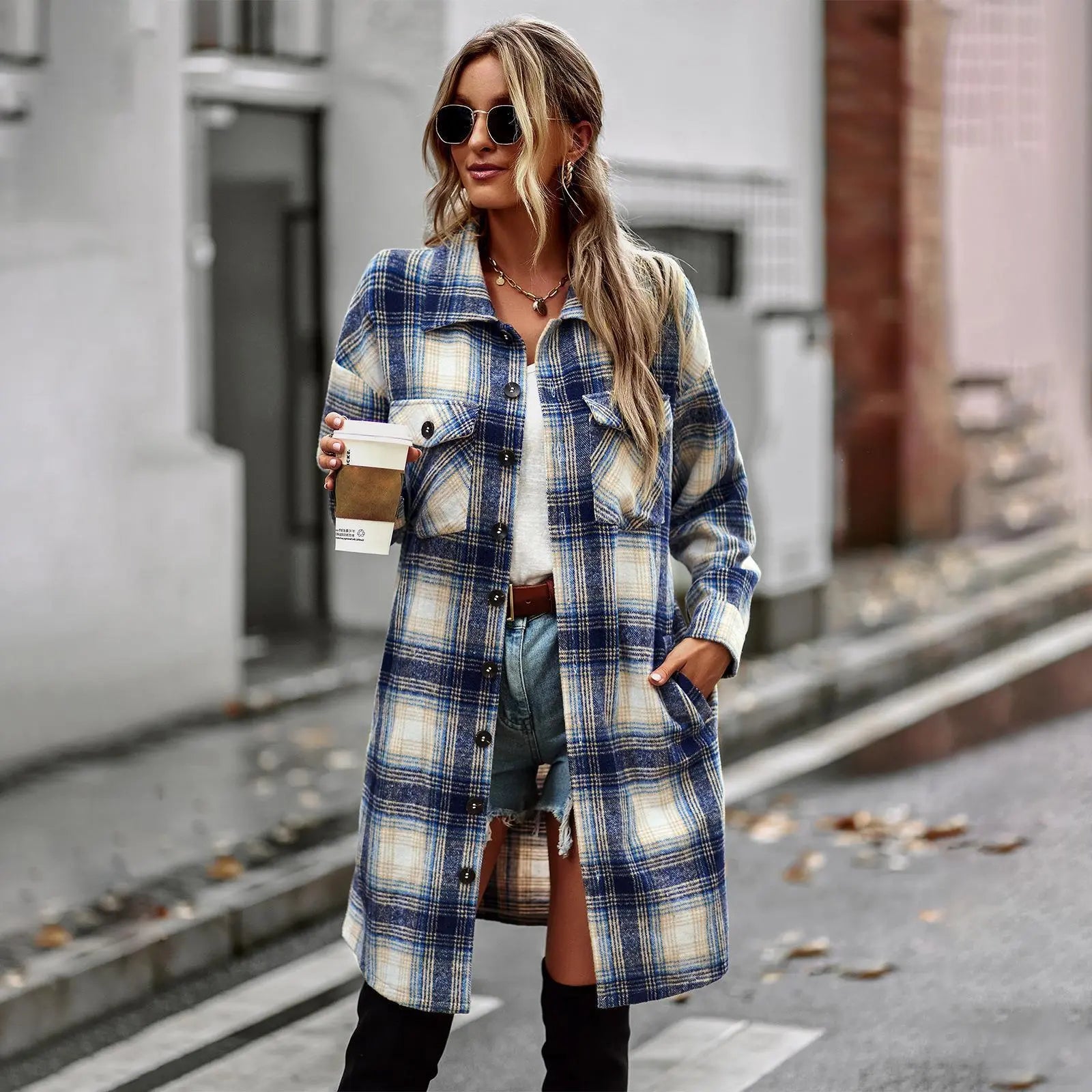 Temperament Leisure Long Plaid Tup Cardigan Coat Lady T Fashions