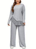 2 Piece Plus Size Women Outfits: Irregular Tassel Long Sleeves Shirt and Elastic Wide Leg Pants Set for Streetwear Lady T Fashions