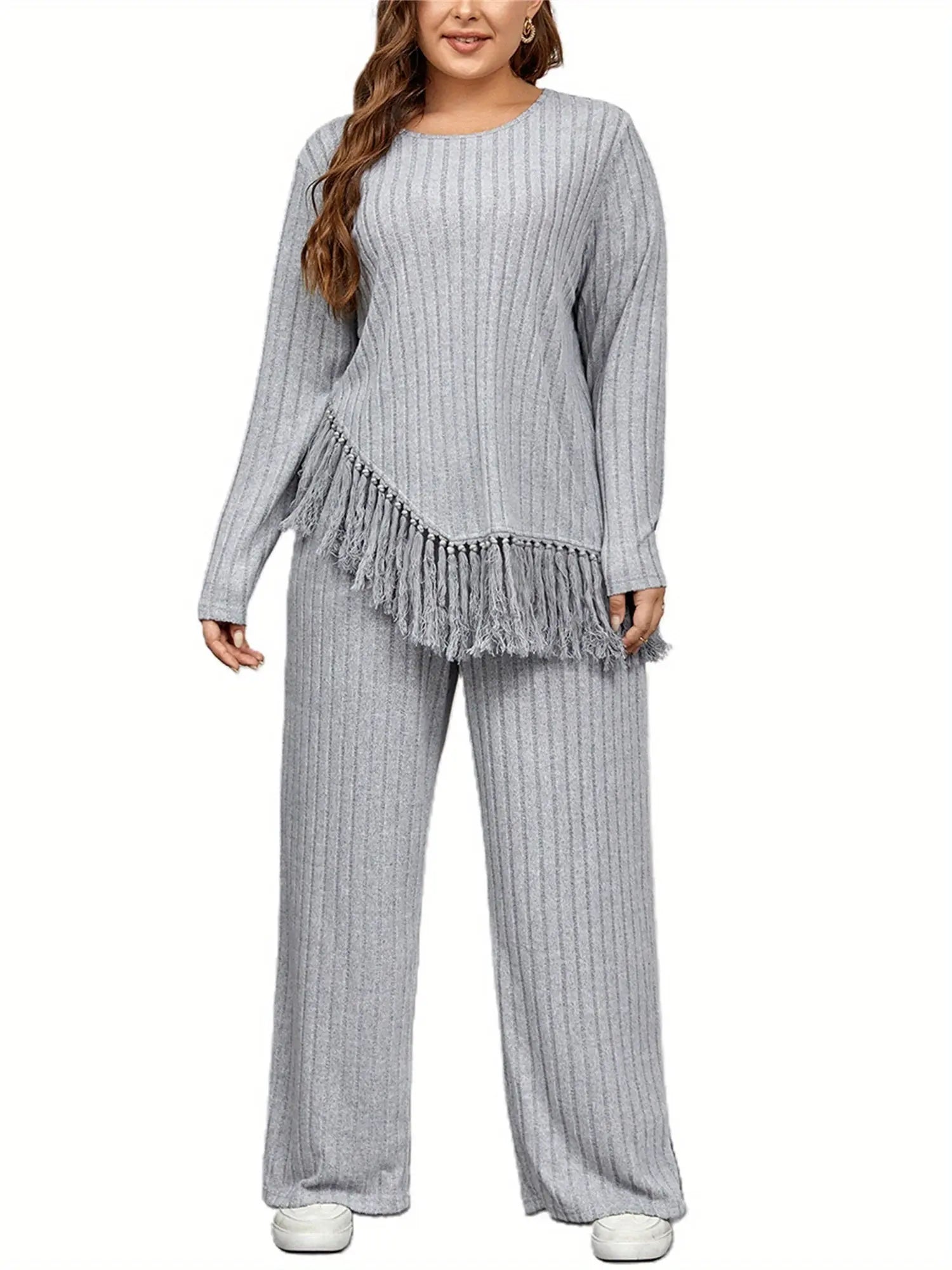 2 Piece Plus Size Women Outfits: Irregular Tassel Long Sleeves Shirt and Elastic Wide Leg Pants Set for Streetwear Lady T Fashions