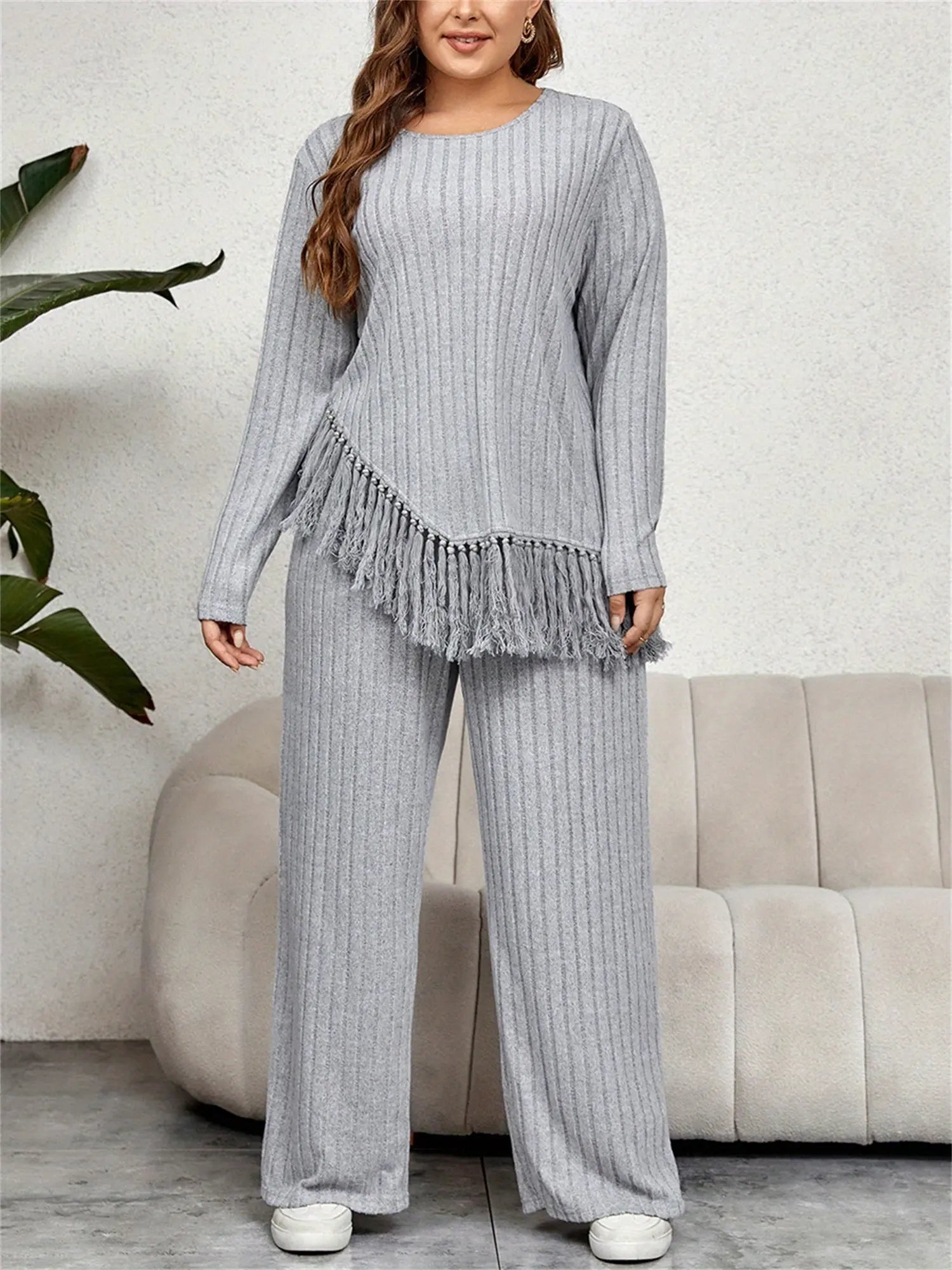 2 Piece Plus Size Women Outfits: Irregular Tassel Long Sleeves Shirt and Elastic Wide Leg Pants Set for Streetwear Lady T Fashions