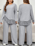 2 Piece Plus Size Women Outfits: Irregular Tassel Long Sleeves Shirt and Elastic Wide Leg Pants Set for Streetwear Lady T Fashions