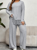 2 Piece Plus Size Women Outfits: Irregular Tassel Long Sleeves Shirt and Elastic Wide Leg Pants Set for Streetwear Lady T Fashions