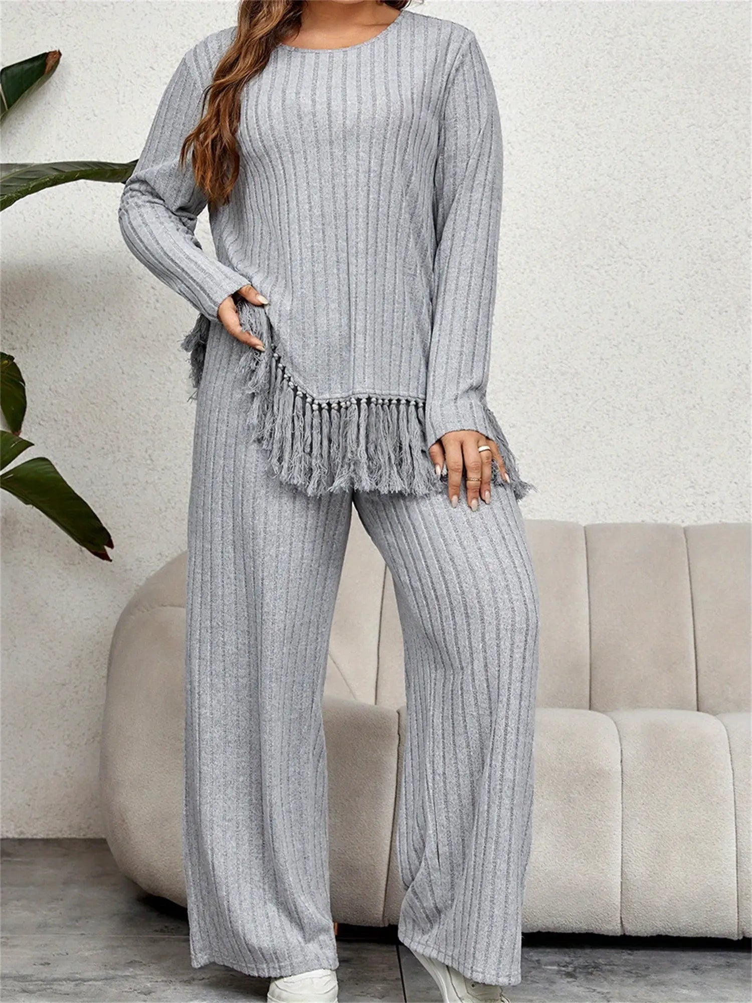 2 Piece Plus Size Women Outfits: Irregular Tassel Long Sleeves Shirt and Elastic Wide Leg Pants Set for Streetwear Lady T Fashions