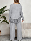 2 Piece Plus Size Women Outfits: Irregular Tassel Long Sleeves Shirt and Elastic Wide Leg Pants Set for Streetwear Lady T Fashions