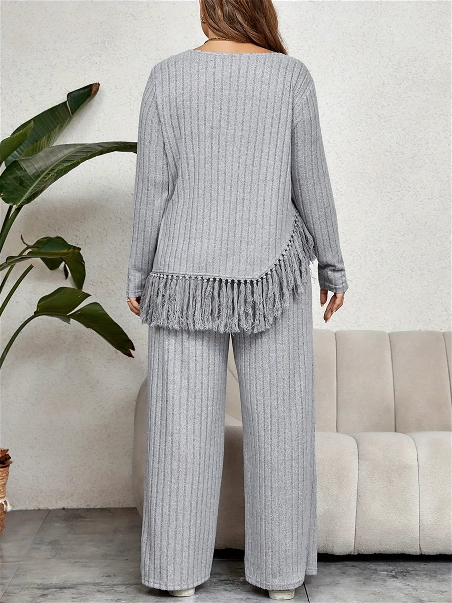 2 Piece Plus Size Women Outfits: Irregular Tassel Long Sleeves Shirt and Elastic Wide Leg Pants Set for Streetwear Lady T Fashions