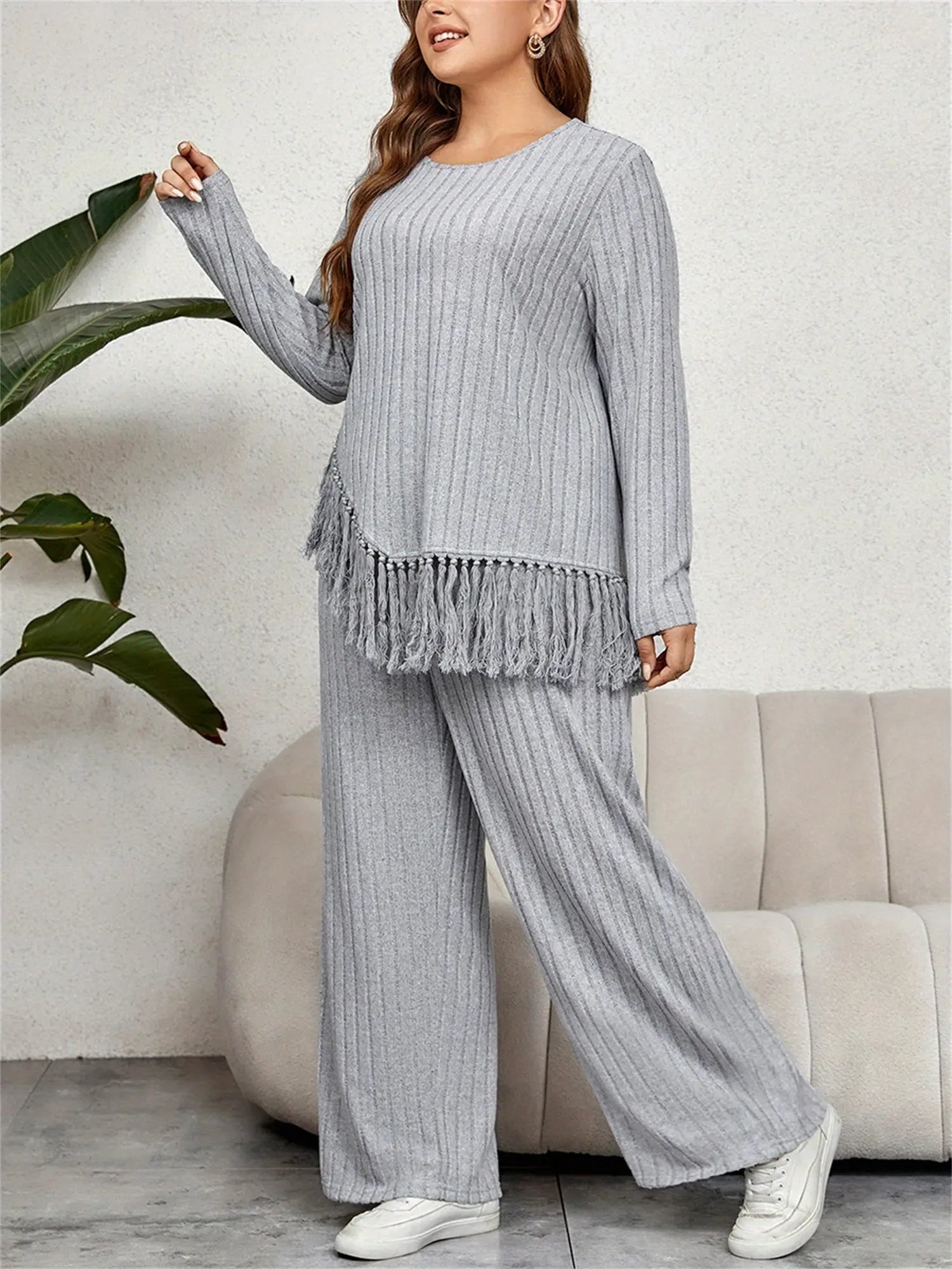 2 Piece Plus Size Women Outfits: Irregular Tassel Long Sleeves Shirt and Elastic Wide Leg Pants Set for Streetwear Lady T Fashions